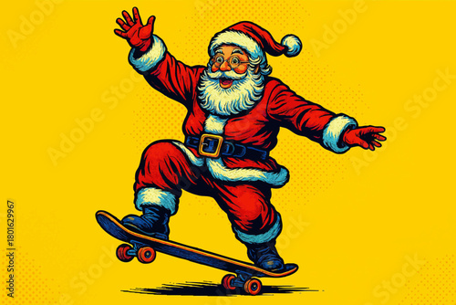 Santa Claus riding a skateboard with joy and energy, blending Christmas cheer with youthful action sports culture. Generative ai vector colorful pop art illustration.