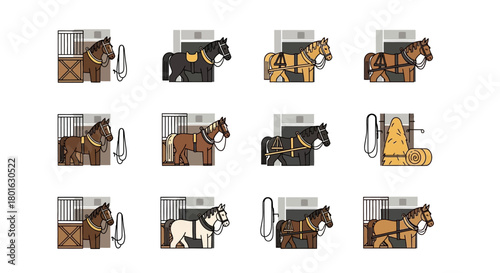 A collection of pixelated horses with different harnesses and colors, in a grid.