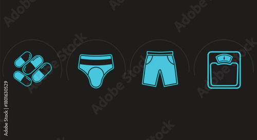 Body wellness icons pills briefs shorts scales for health and fitness goals