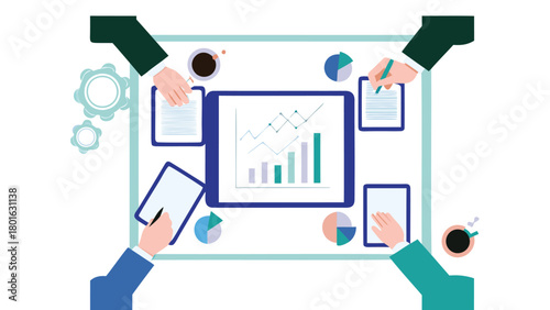 Modern business collaboration scene featuring diverse professionals interacting with charts graphs and digital tablets in a dynamic office environment
