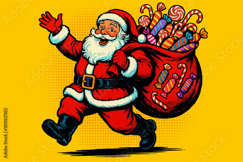 Santa Claus joyfully running with an overflowing sack full of candy, sweets, and holiday cheer. Generative ai vector colorful pop art illustration.