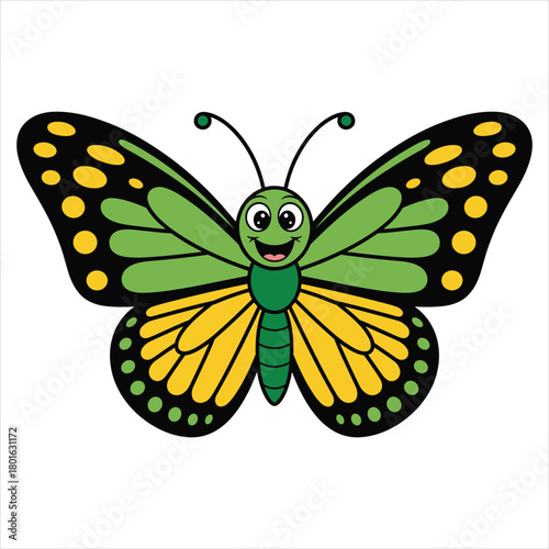 Happy cartoon butterfly with green and yellow wings isolated isolated on white background, Vector