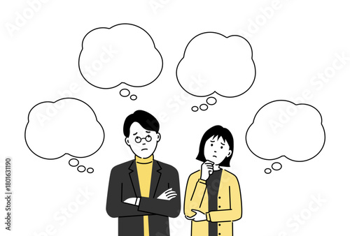 悩む若い夫婦と吹き出しのイラスト、考え事・不安・相談シーン