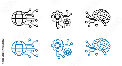 Modern AI icons brain, globe, gears digital innovation concepts