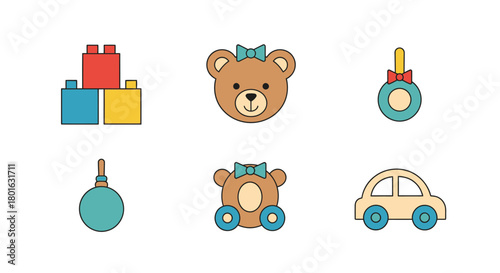 Illustration of toys including blocks, teddy bears, a rattle, and a car.