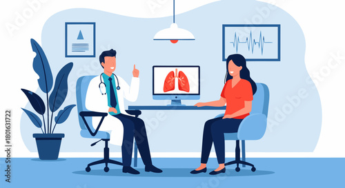 Doctor consulting with patient about lung health, showing lung scan, promoting healthcare and wellness
