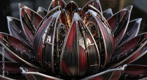 Close-up of a Dark Red and Silver Lotus Flower Sculpture.