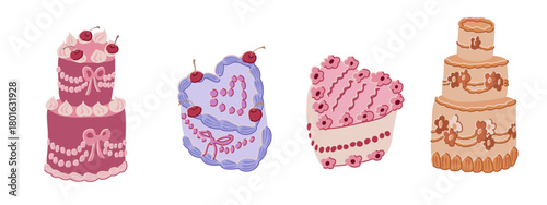 Set of four delicious flat cakes. Vector illustration in modern flat design. Perfect for food blogs, bakery websites and packaging. Isolated on pastel background.