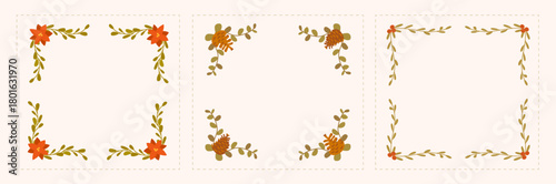 Festive Christmas set of retro style floral frames. Eucalyptus and mistletoe branches, pine cones, holly berries, poinsettia flowers. Perfect for greeting cards, packaging, gifts, invitations.