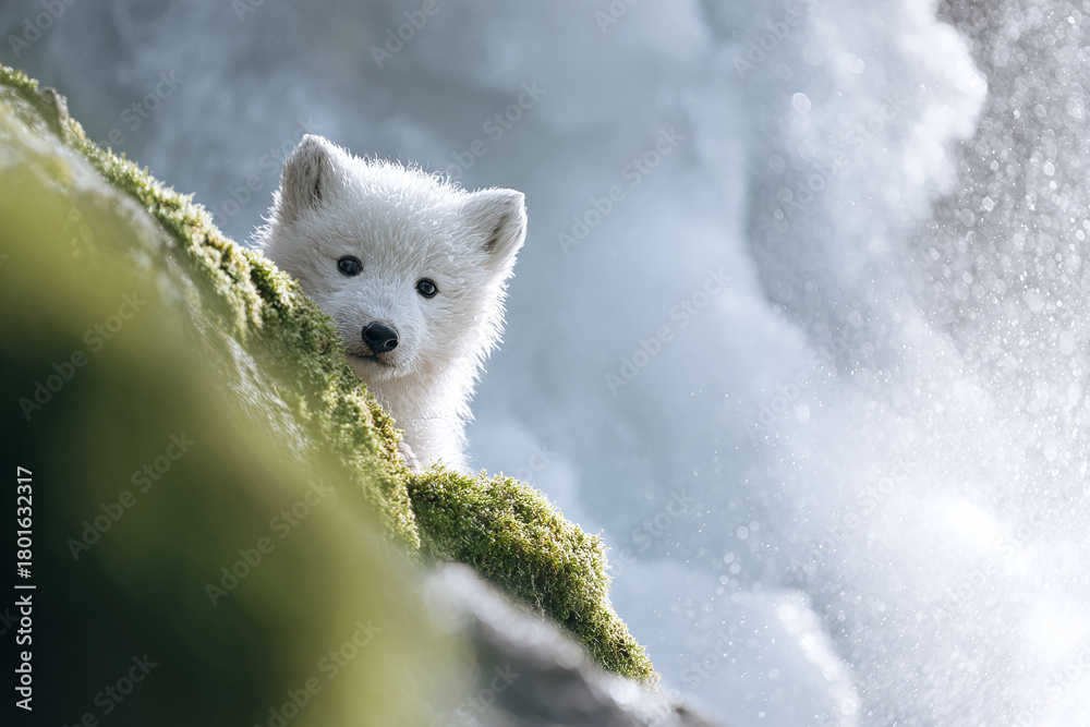 Fototapeta premium Cute arctic fox pup curiously peeks out from behind mossy rocks, against a blurred, ethereal waterfall backdrop. Represents innocence, wildlife, and arctic nature.