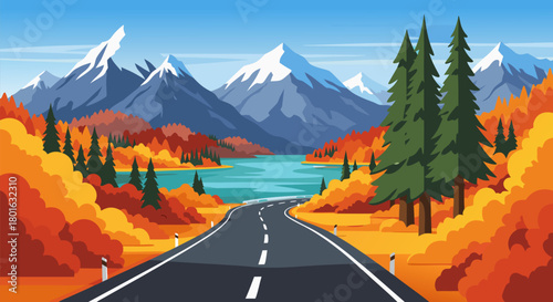 Scenic autumn road winding through colorful trees towards a lake and majestic mountains under a blue sky