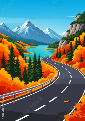 A winding asphalt road curving through a vibrant autumn landscape with colorful trees, a serene blue lake, and snow-capped mountains in the background