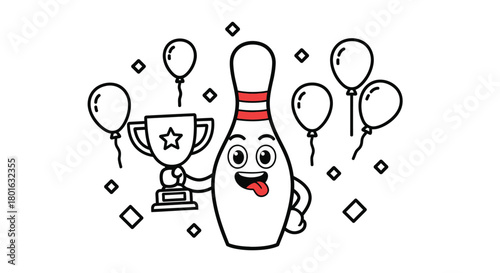 Winning bowling pin celebrates victory with trophy and balloons