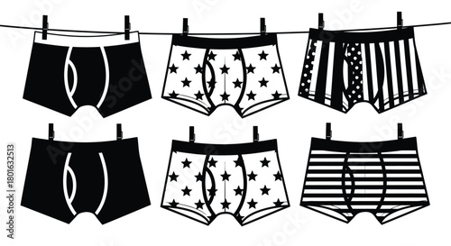 Stylish boxer briefs drying on clothesline, modern patterns