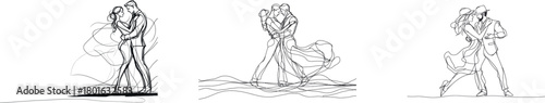A man and a girl are shown dancing the tango in a continuous line drawing that conveys romance