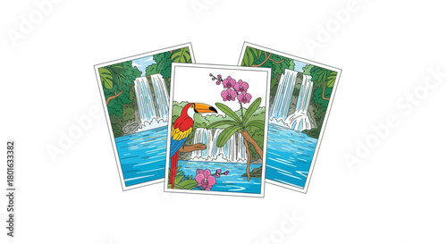 Three colorful illustrations of tropical waterfalls with lush vegetation and a toucan, evoking a sense of exotic nature and tranquility.