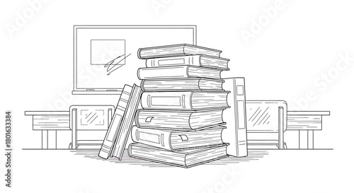 Stack of Books in Classroom Setting with Desk and Blackboard.