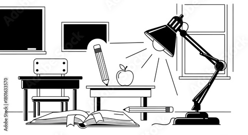 Study desk with lamp, pencil, apple, and open book, ready for learning.