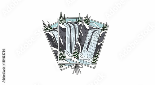 Illustration of a waterfall scene with snowy trees, presented in a fan-like arrangement, creating a scenic and decorative image.
