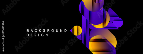 Abstract design features vibrant purple, orange gradients. Modern, dynamic shapes create striking visual impact against black backdrop.