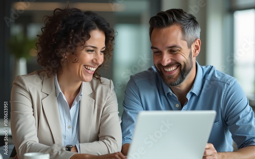 Two middle age business workers smiling happy and confident. Working together with smile on face using laptop at the office. High quality
