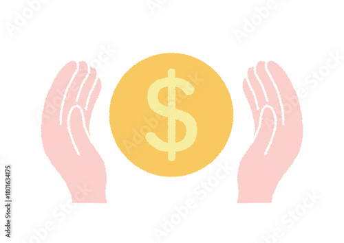 やわらかな色合いのお金と手のイラスト｜やさしく守る資産イメージ素材