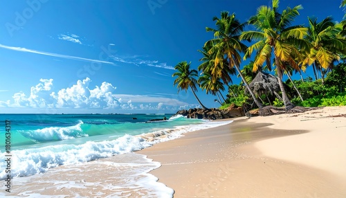 Fototapeta Naklejka Na Ścianę i Meble -  Azure ocean meets light sand beach beneath a blue sky, lined with swaying palms