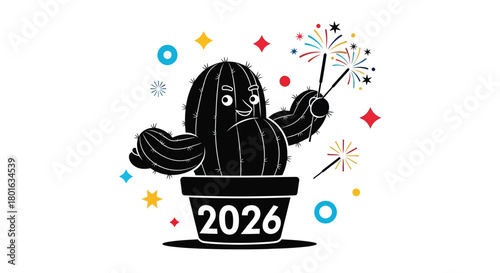 Cheerful cactus celebrates New Year's Eve with sparklers and stars