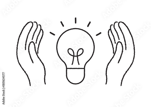 電球と両手のイラスト（線画）｜ひらめき・アイデア・創造のモチーフ素材