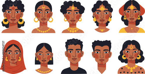 Minimalist abstract diverse people portraits vector set, modern geometric faces with earrings, contemporary avatars with bold lines and blush