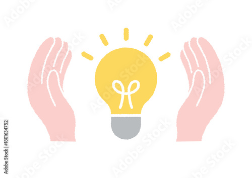 やさしい色合いの電球と両手のイラスト｜アイデア・希望・教育の印象に