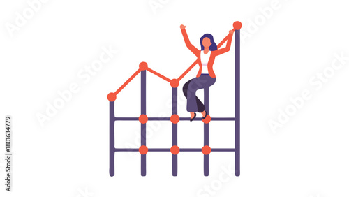 Businesswoman climbing upward on a bar chart ladder symbolizing career growth success and financial achievement in a professional setting