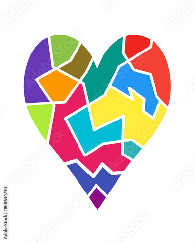 A colorful abstract heart illustration made of bold geometric fragments in vibrant contrasting tones