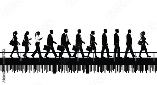 Diverse professionals moving forward on a barcode bridge representing progress