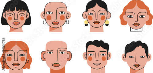 Minimalist abstract diverse people portraits vector set, modern geometric faces with earrings, contemporary avatars with bold lines and blush