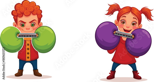 Cartoon children playing harmonicas while holding colorful balloons, joyful musical activity in festive outfits for creative vector design use.
