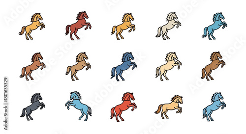 Collection of cartoon horses in various colors rearing up on hind legs.