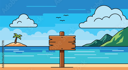 Tropical island paradise awaits with empty signpost and ocean views