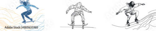 A skateboarder is illustrated in a continuous one-line drawing, showcasing the modern theme of sports, with the person isolated on white, engaging in the activity for both exercise and enjoyment