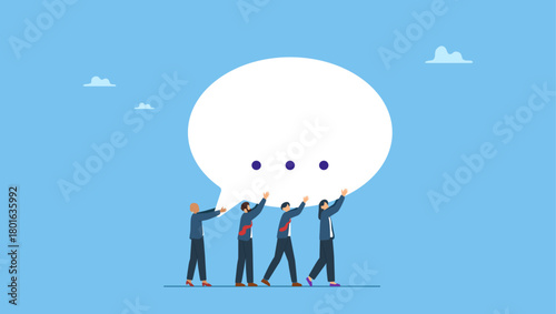 Diverse business people team members help carrying big speech bubble with copy space. Team discussion, community or social feedback, communication or announcement dialog, team meeting.
