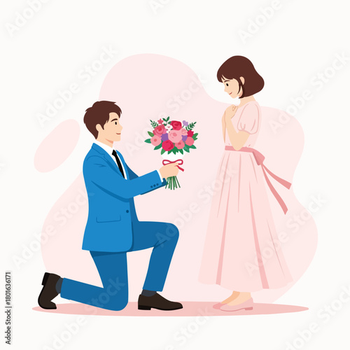 Romantic man kneeling proposing marriage with bouquet to woman in flat illustration