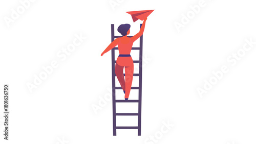Whimsical character ascends a ladder towards a dreamlike paper airplane symbolizing aspiration goals and creative journeys perfect for motivational banners and advertisements