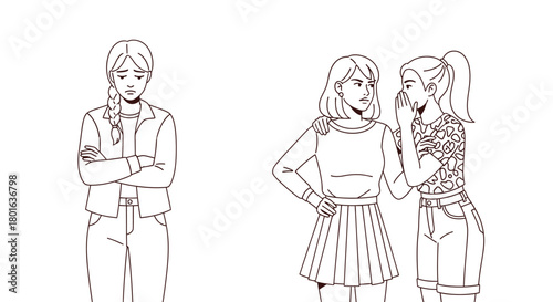 Sad girl excluded while others whisper and gossip behind her back