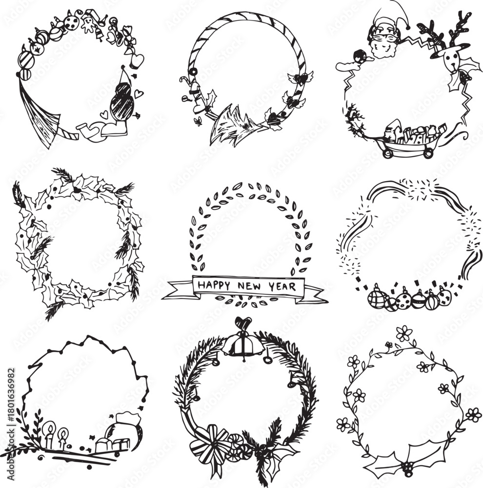 Obraz premium Set of Christmas Wreaths Vector Illustrations with Hand-Drawn Freehand Style