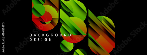 Abstract geometric shapes blend vibrant greens, oranges, reds. Dynamic layers create modern background design. Smooth gradients offer visual interest.