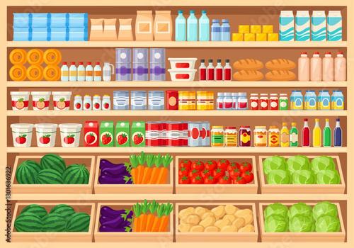 A vibrant illustration of supermarket shelves, neatly organized and fully stocked with a wide array of groceries, including fresh produce, canned goods, dairy, and bottled drinks