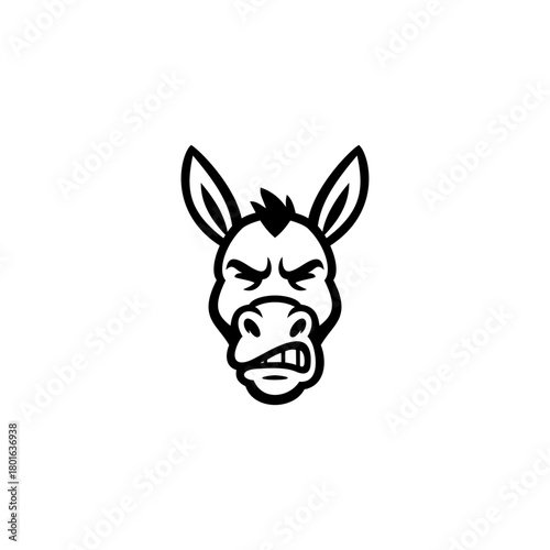 A bold angry donkey mascot illustration featuring sharp lines, expressive eyes, and a fierce expression