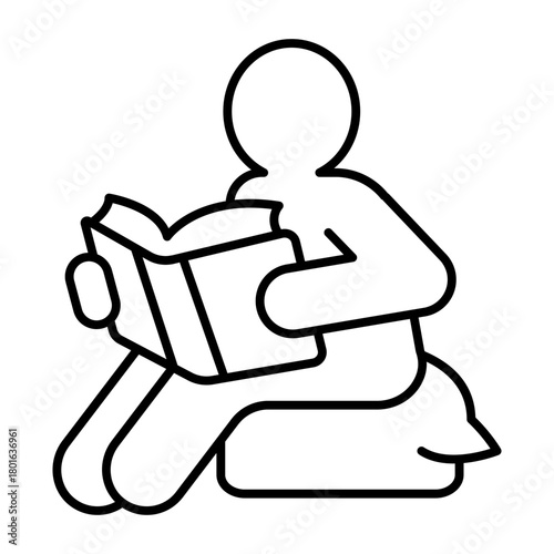 Boy with book on pillow seat thin line icon, book festival concept. Vector graphics. Book reading for boys sign on white background, style icon mobile or web design.