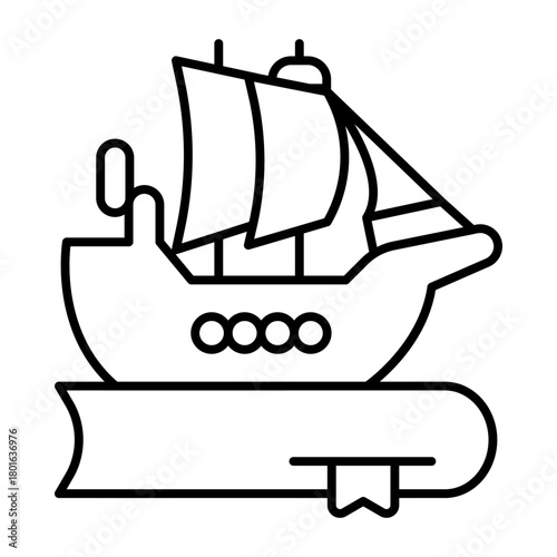 Ship and book with bookmark thin line icon, book festival concept. Vector graphics. Book with vessel, marine story sign on white background, style icon mobile or web design.