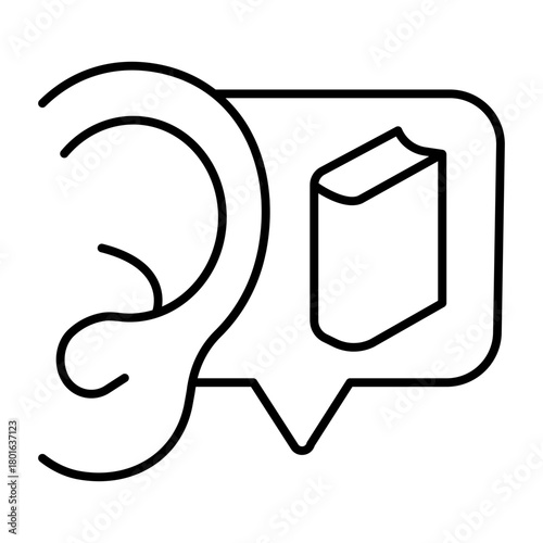 Human ear and textbook popup bubble thin line icon, book festival concept. Vector graphics. Reader rumors of success book, reading sign on white background, style icon mobile or web design.